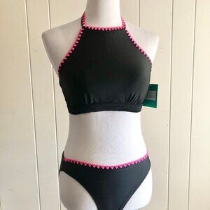 Retro Seekers Black Whipstitch Crochet Trim Bikini High Neck Size 8